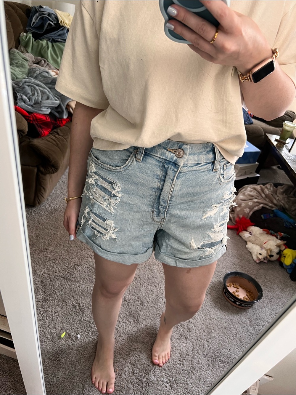 American Eagle Light Wash Stretch Curvy Distressed Denim Mom Shorts